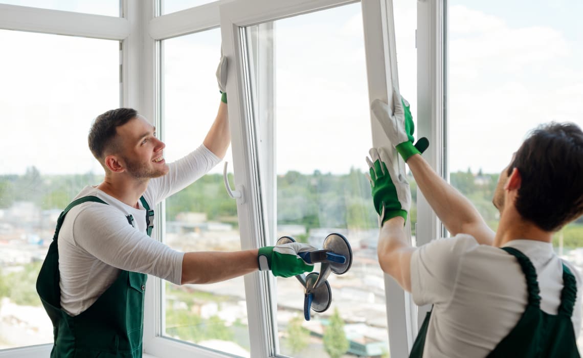 Fenster ersetzen - Monteure setzen neue Fenster fachgerecht in einem Wohngebäude ein